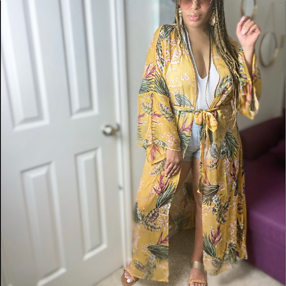 Tropical print crepe chiffon maxi kimono